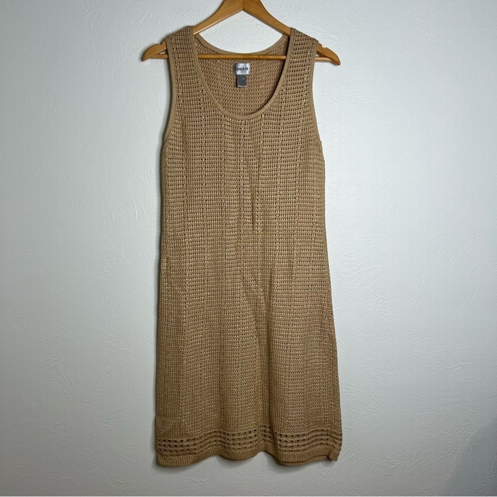 Chico's Sleeveless Knit Midi Dress Tan Cotton Crochet Boho Scoop Neck Size 1(M)